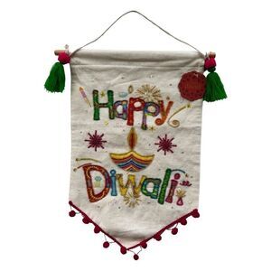 Happy Diwali Sequin Beaded Tassel Pom Fringed Cotton Banner NWT